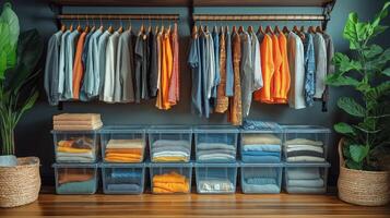 Clothes are neatly organized, creating a stylish storage solution in a cozy room. photo