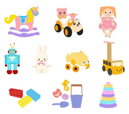 A colorful illustration set featuring trendy and stylish children toys, perfect for kids product designs, advertisements, and educational visuals.