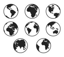 A versatile set of earth globe silhouette illustrations featuring various world map angles. Ideal for educational materials, global themed designs, travel visuals, and environmental campaigns. vector