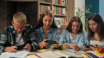 Caucasian four classmates school pupils students friends playing mobile phones smartphones virtual game in class addicted teens in class lesson together internet addiction dependency education problem photo