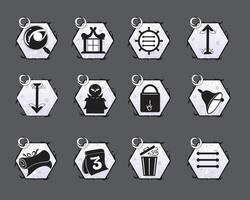 Set of 12 hexagon UI UX icons in black and white. Includes search, settings, user, upload, and more. Ideal for interface design, apps, dashboards, and minimal websites. vector