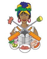 Creative illustration of an African woman with a fondue pot, skewers, and bowls of vegetables and meat. Ideal for culinary, cultural, or food-related content and graphic design. vector