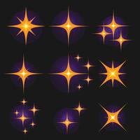 Set of golden star sparkle elements with soft purple glow on a dark background. Ideal for magical highlights, UI design, fantasy artwork, and decorative graphic elements vector