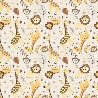 Seamless patterns of wild animals, giraffe, lion and monkey. vector