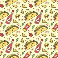 Seamless tacos, nachos, burritos, and hot sauce bottles for Cinco de Mayo pattern vector