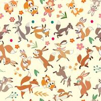 Seamless boho playful bunnies, Squirrel, fox pattern vector