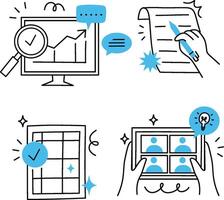 Office line icons set showing performance analysis, progress reporting, task automation, and online content creation. vector