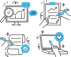 Simple line icons showcasing office reporting, writing, task scheduling, and collaborative brainstorming activities. vector