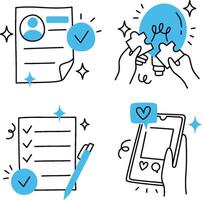 Simple line icons of various office division activities, including teamwork, creative idea, checklist, and social media management. vector