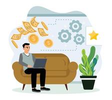 A freelancer works from home and earns a salary from a computer. vector