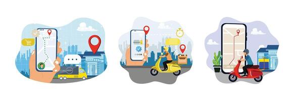 Couriers track order addresses using smartphones and drive scooters or vans to deliver orders. vector