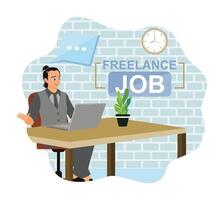 Freelancer working at home office desk with laptop in modern workspace. vector