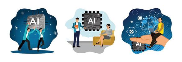 People use AI, engineers explain artificial intelligence, people study AI using computers. vector