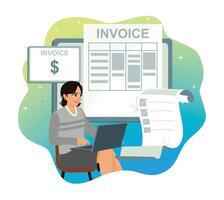 Female worker filling out invoice using laptop computer. vector