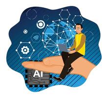A man studies artificial intelligence using a computer. vector