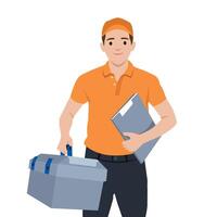 Smiling Technician with Toolbox and Clipboard. vector