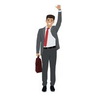 Happy businessman in a suit with a red tie, holding a briefcase and raising one arm. vector