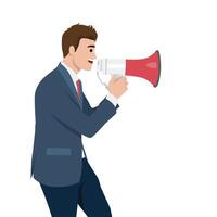 Man in formal attire enthusiastically speaks into a red and white megaphone. vector