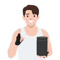 Smiling man in a white tank top and fingerless gloves, holding supplement jar and pointing upwards. vector
