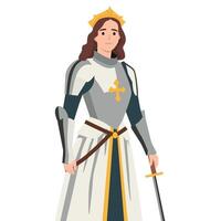 Warrior Queen dressed in medieval armor with a crown and sword stands tall. vector