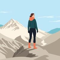 Woman stands at the edge of a rocky ridge, gazing at the snow capped mountains in quiet reflection. vector