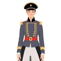 Man in a formal Napoleonic military uniform stands with discipline and pride. vector