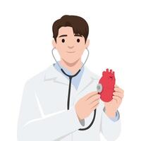 médico examinando corazón modelo con estetoscopio. vector