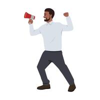 Man stands confidently, holding a red megaphone and raising his fist in enthusiasm. vector