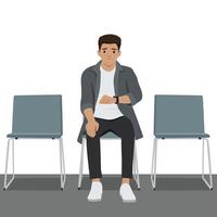 Concerned man sits alone in a row of chairs, anxiously looking at his watch while waiting. vector