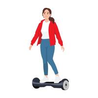 Casually dressed young woman in a red jacket balances effortlessly on a hoverboard. vector