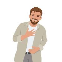 Man clutches his chest and stomach with a strained expression, symbolizing physical pain. vector