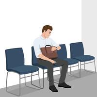 Man in formal attire sits in a waiting area, checking the time on his watch while holding briefcase. vector