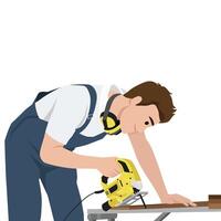 Man in overalls using a yellow jigsaw to cut a piece of wood on a workbench. vector