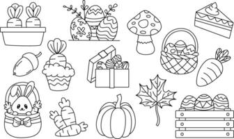 A set of Easter doodle collection in a black and white style, perfect for coloring pages, greeting card, easter decorations. illustration isolated on white background. vector