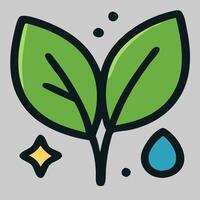 Green leaf icon with water drop beside it, representing freshness, hydration, and eco-purity values. vector