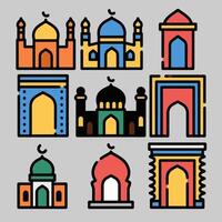 Flat mosque icon set with arabic architectural elements in bold line and bright color illustration vector