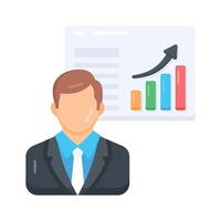 A flat icon showing data analyst reviewing digital dashboard stats vector