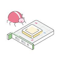 A trendy isometric icon showing corrupted card bug vector