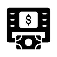 A solid style icon showing cash withdrawal transaction vector