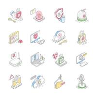 Handy bundle of isometric outline icons depicting cyber protection concepts vector