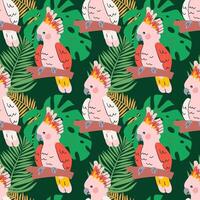 Seamless trendy pattern with exotic birds on a branch in tropical nature in exotic with tropical leaves abstract painting .Hand drawn illustration for fabric , paper and web design . vector