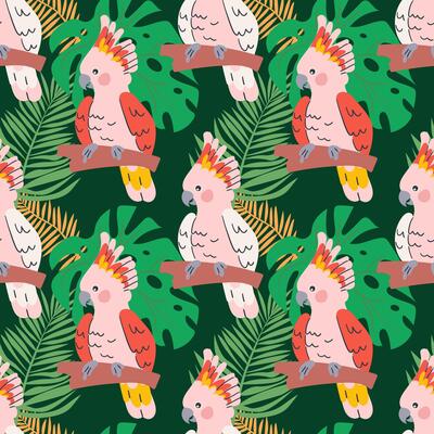 Seamless trendy pattern with exotic birds on a branch in tropical nature in exotic with tropical leaves abstract painting .Hand drawn illustration for fabric , paper and web design .