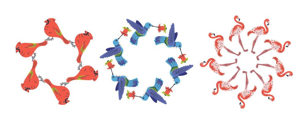 Set of stock beautiful wreath bird. decorative round frames with tropical bird. Decoration in flat cartoon style for invitation , banner and card design .