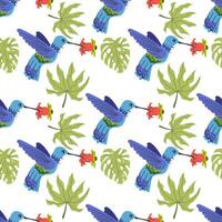 Seamless textile trendy pattern with exotic birds on a branch in tropical nature in exotic with tropical leaves abstract painting illustration for fabric , paper and web design . vector