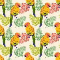 Seamless textile trendy pattern with exotic birds on a branch in tropical nature in exotic with tropical leaves Hand drawn illustration for fabric , paper and web design . vector