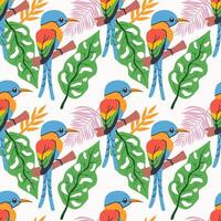 Seamless textile trendy pattern with exotic birds on a branch in tropical nature in exotic with tropical leaves abstract painting .drawn illustration for fabric , paper and web design . vector