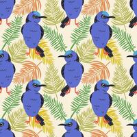 Seamless textile trendy pattern with exotic birds on a branch in tropical nature in exotic with tropical leaves abstract painting .Hand drawn illustration for fabric , paper and web vector