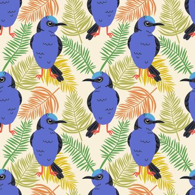 Seamless textile trendy pattern with exotic birds on a branch in tropical nature in exotic with tropical leaves abstract painting .Hand drawn illustration for fabric , paper and web