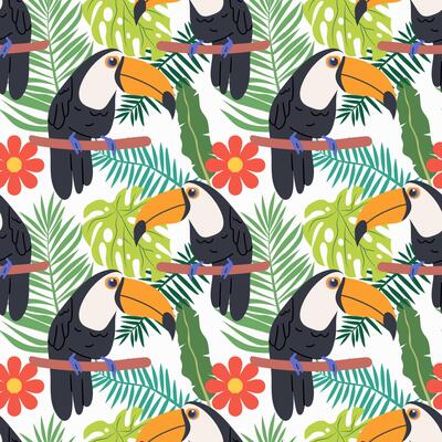 Seamless textile trendy tropical pattern with exotic birds on a branch in tropical nature in exotic with tropical leaves abstract painting .Hand drawn illustration for fabric