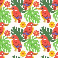 Seamless textile trendy pattern with exotic birds on a branch in tropical nature in exotic with tropical leaves abstract painting .Hand drawn illustration vector